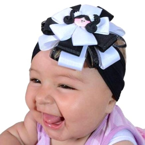 Baby Headband, Girl's Hairband Black & White with Doll Face - Picture 1 of 2